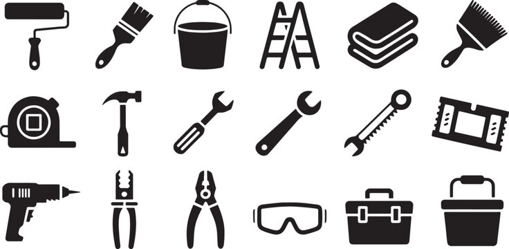Collection of black silhouette representing various tools and equipment for construction and D I Y projects