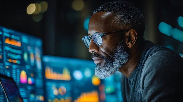 Man of color with short hair and beard wearing glasses, intently focused on multiple glowing computer screens displaying data and charts in a dark room at night