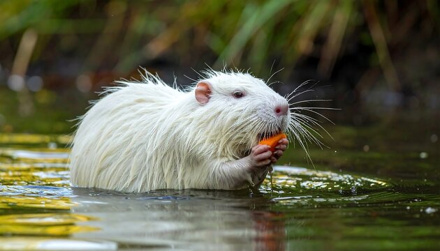 Albino rodent eats carrot in shallow water