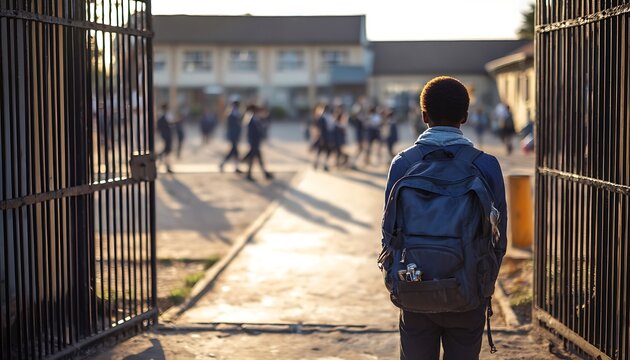 A young student wearing a backpack stands at an open school gate, looking towards a bustling schoolyard with other students in the during golden hour