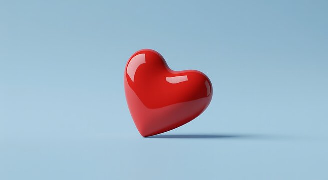 A shiny red heart sits on a light blue background with a subtle shadow underneath