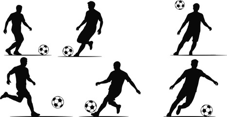 Soccer player silhouettes collection showing football actions dribbling kicking running and ball control isolated on white background for design © An Nur