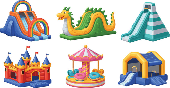 Inflatable Playground Icon Set with Slides, Bouncy Castles, Carnival Rides, and Fun Attractions for Kids&rsquo; Events and Amusement Parks