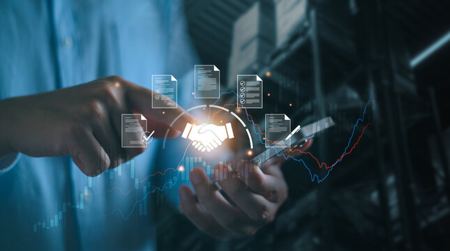 Concept of procurement management and strategic sourcing. handshake icon digital contracts and warehouse background. business partnerships, supply chain efficiency, and digital deal making