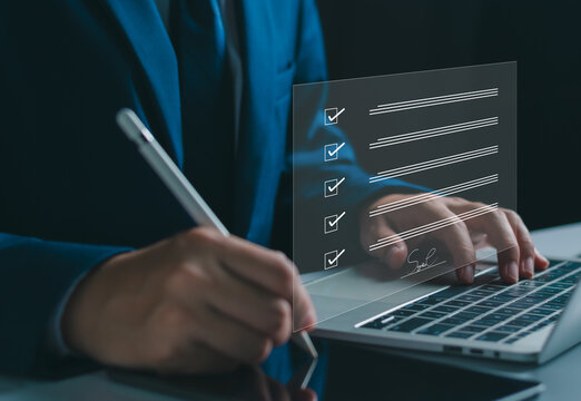 Digital documentation and electronic signatures. digital checklist with checkmarks and a signature laptop and tablet, paperless business workflows, legal compliance, and efficient task management.