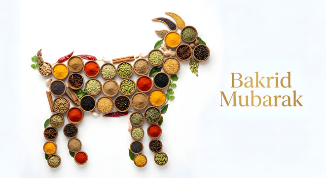 Bakrid mubarak typography concept and goat shape food art Eid al adha festival in illustration.