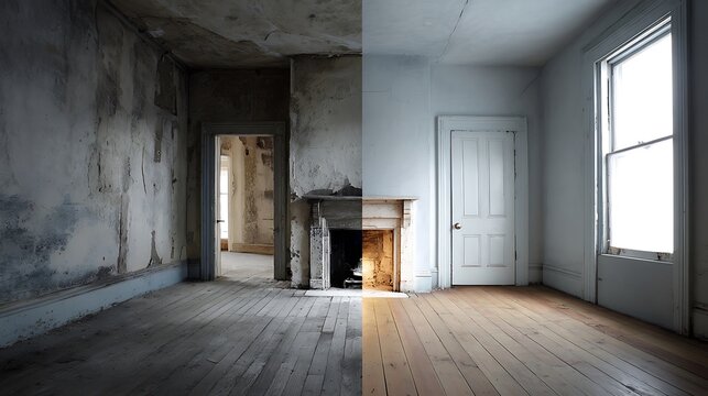 Split showing a room in a state of disrepair on the left and renovated on the right, highlighting contrast and transformation