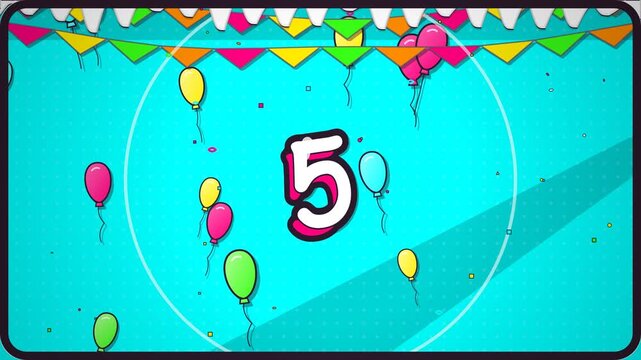 Birthday Funfetti Cartoon Countdown Animation, Bright Colorful Balloons and Confetti Number Five