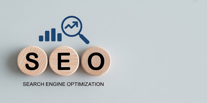 The concept of SEO or Search Engine Optimization is shown with wooden blocks and icons
