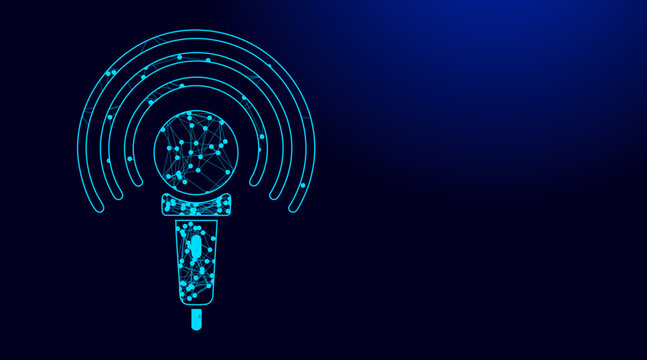 A digital vector illustration of a microphone featuring connected nodes and radio waves to represent modern wireless communication technology systems
