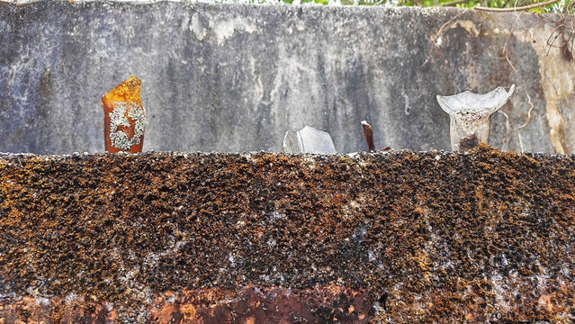 Weathered Wall: A textured, aged wall with pieces of broken glass bottles glued to the top of a brick wall, organic details, showcasing the effects of time and the elements. 
