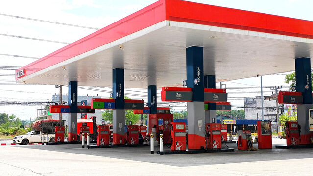 Fuel Station: Caltex gas station with many fuel dispensers in the outdoor area. Thailand, May 1, 2026