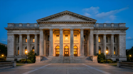 Obraz premium Grand neoclassical government memorial building illuminated at twilight