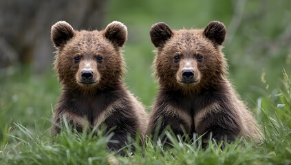 Fototapeta premium Two young brown bear cub in the forest. Portrait of brown bear, animal in the nature habitat.