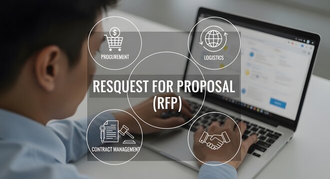 Businessman working on laptop with request for proposal (RFP)