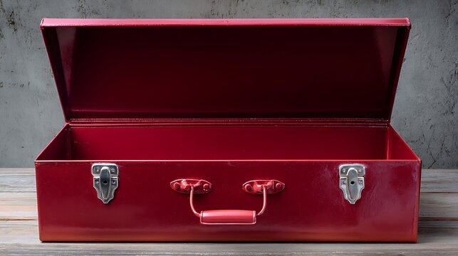 A classic red metal toolbox with the lid open, showcasing its empty interior and silver clasps, resting on a wooden surface