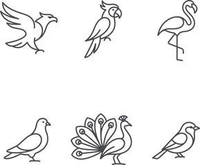 Fototapeta premium Bird icons, animal illustrations, line art set, vector graphics