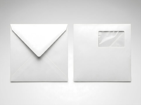 White square envelopes, back and windowed front view envelop mockup