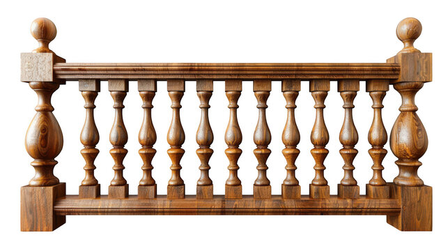 Classic wooden balustrade with decorative balusters isolated on transparent background