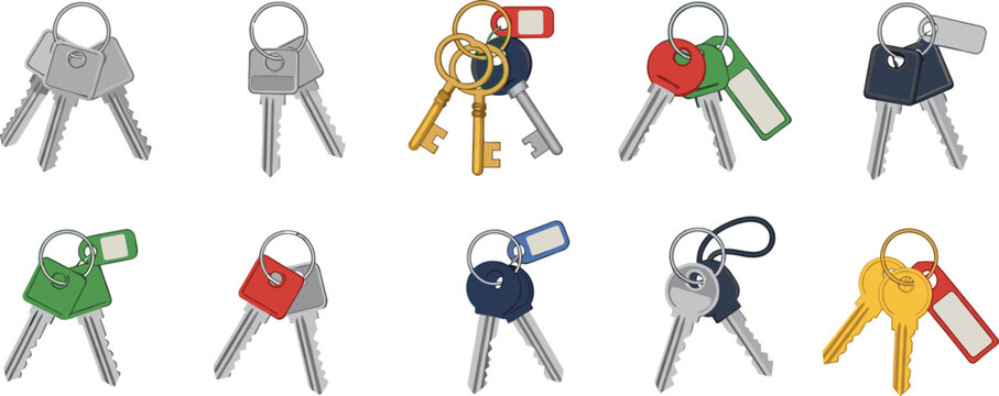 Large collection of realistic metal house keys on rings with colorful plastic tags for security organization and identification, isolated flat vector illustration set.
