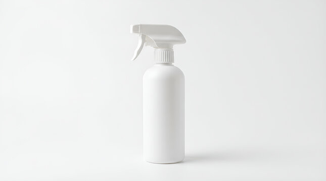 Vivid 4K studio photo of a clean white plastic spray bottle with a trigger, an essential container for home cleaning and personal use