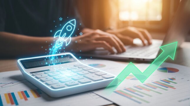 Growing green arrow and rocket launch on calculator showing financial growth and startup performance.