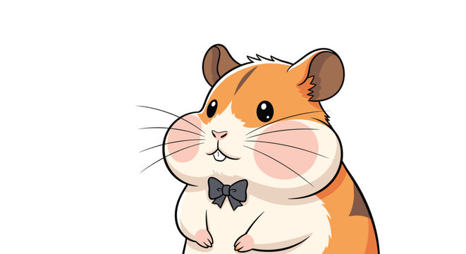 Adorable chubby hamster with large rosy cheeks wearing a small black bow tie in a charming and whimsical animal vector illustration.