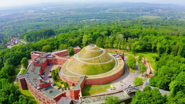 Krakow, Poland. Barrow Kosciuszko (Krakow). Historical monument. The construction of the mound was completed in 1823. Drone footage, Point of interest