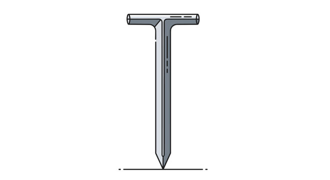 Single metal tent peg driven into the ground shown in a clean line art style for camping and outdoor activities equipment concepts.