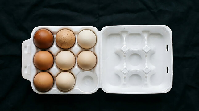 Eggs in a white styrofoam carton on black background