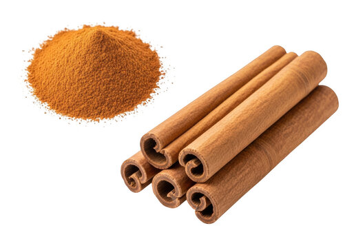 Freshly harvested cinnamon sticks displayed in a natural arrangement isolated on transparent background
