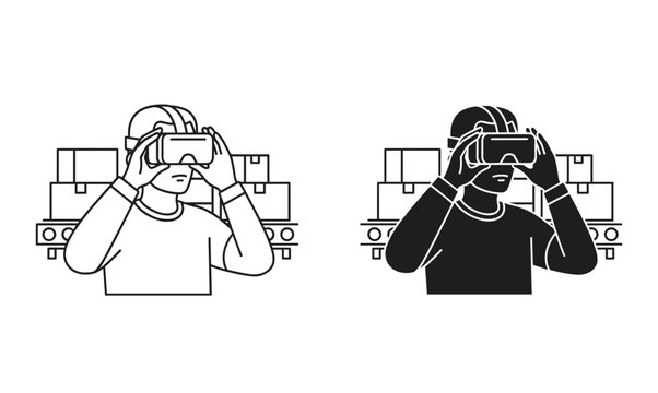 Warehouse worker in VR headset icon set, white background, vector Illustration