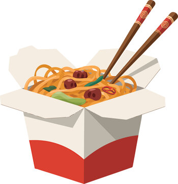 Asian takeout noodles with chopsticks, container