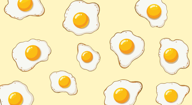 Fun food pattern of many fried eggs sunny side up arranged randomly on a pale yellow background for kitchen and breakfast themes.