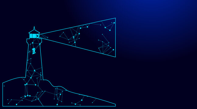 Abstract vector graphic illustration of a digital technology lighthouse, emitting a data network light beam, symbolizing guidance and innovation in modern connectivity.