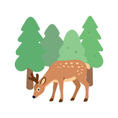 Naklejka premium Spotted deer grazing near trees in the forest illustration in cartoon style