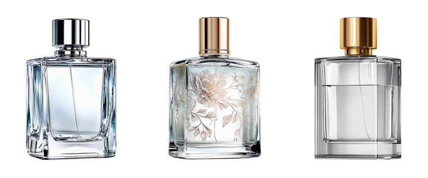 Three elegant fragrance bottles with clear glass and metallic caps in silver gold and bronze tones showcasing luxurious perfume designs isolated on a white or transparent background