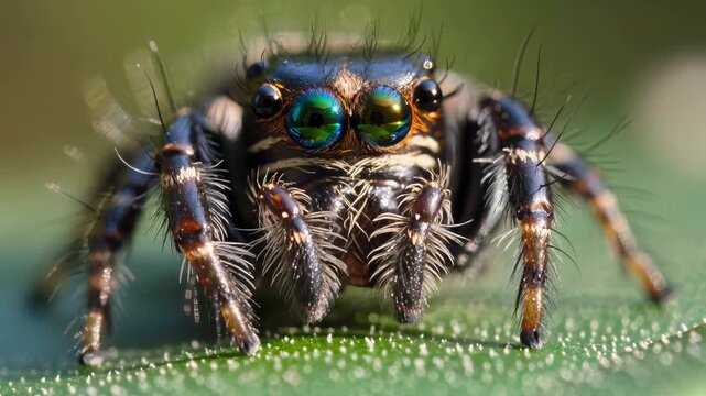 Macro Close-up of a Jumping Spider with Iridescent Eyes on a Leaf
