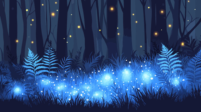 Digitally created illustration of a nighttime forest scene with glowing plants and fireflies