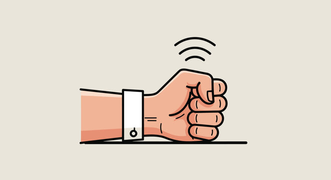 Close up illustration of a human hand with a white shirt cuff making a knocking gesture against a flat horizontal table top surface.