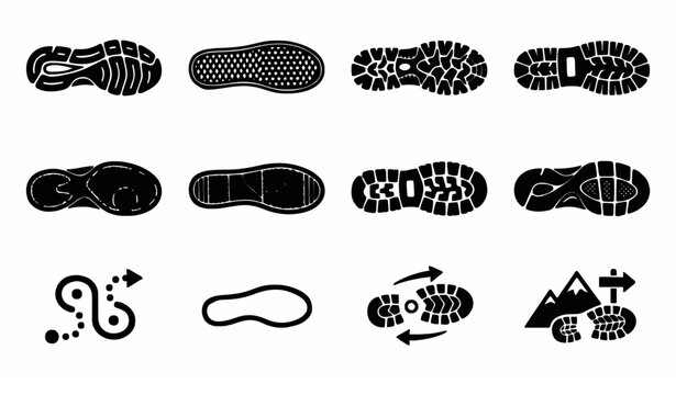 Modern shoe sole imprint icon collection with footprint tread and sneaker pattern vector symbols