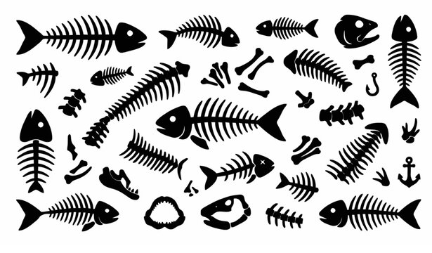 Trendy fish bone vector icon bundle with skeleton seafood and marine symbols set