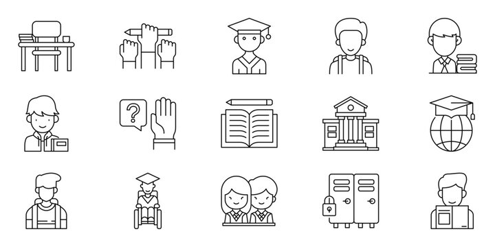 Collection of educational icons representing students, learning, and school environment for academic design