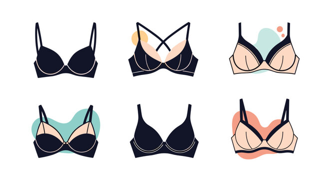 Selection of various bra styles including push up and T-shirt designs in a palette of black and beige on a clean white background.