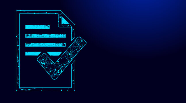 Abstract digital illustration of a document with a verified checkmark symbol, a sign of approval