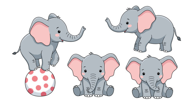 Collection of adorable gray baby elephant characters in various poses including sitting and balancing on a red polka dot circus ball.