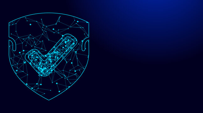 This abstract vector illustration features a digital shield icon with a glowing check mark made of connected nodes and lines.
