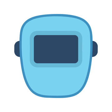 Stylized light blue welding mask with rounded edges for protection during industrial work
