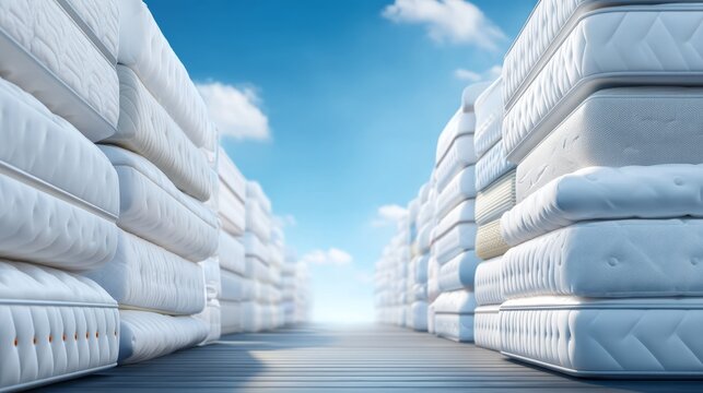 Corridor of Upright Mattresses Leaning Tightly in a Bright Sky