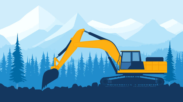 A yellow excavator silhouetted against a mountain range and trees, in a simple flat illustration